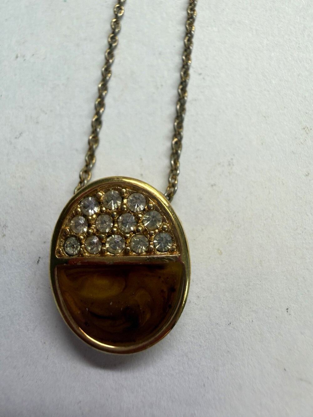 Vintage Givenchy Paris NY Gold Tone Rhinestone Amber Resin Pendant 16" Necklace